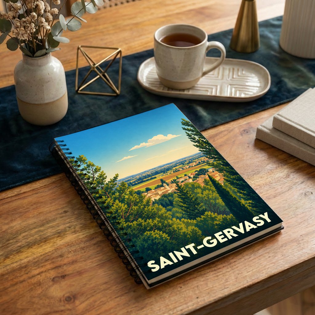 Carnet à spirales souvenir de la ville de Saint-Gervasy avec une illustration de paysage de style affiche rétro.