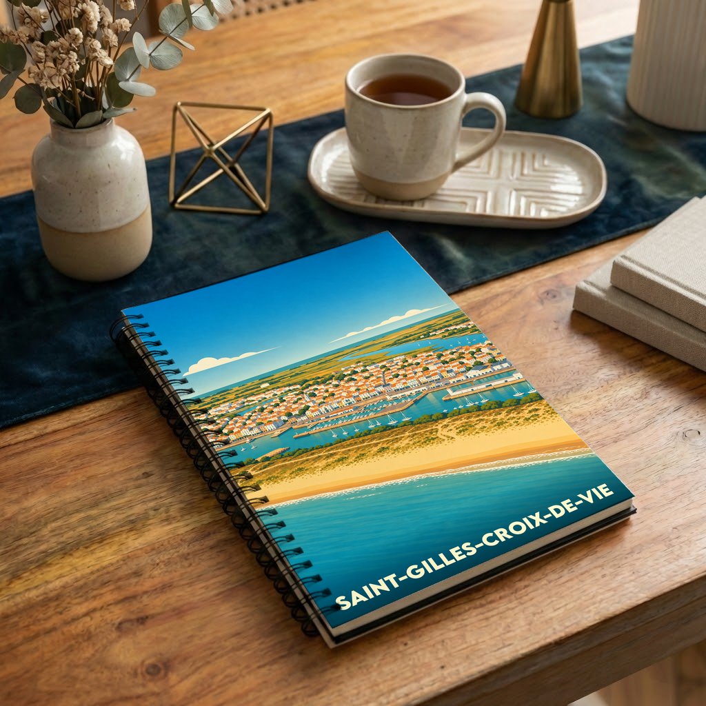 Carnet à spirales souvenir de Saint-Gilles-Croix-de-Vie avec une illustration stylisée de la côte et du port.