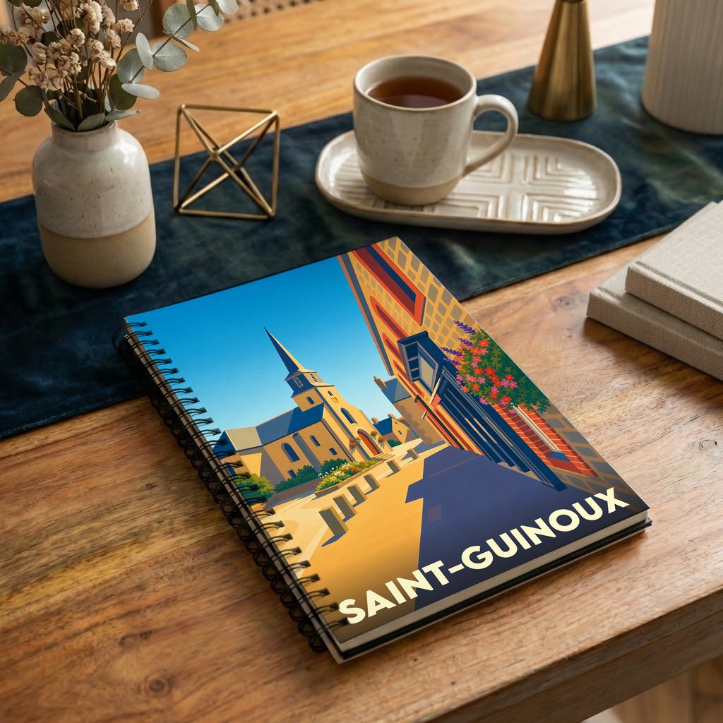 Carnet souvenir à spirale de la ville de Saint-Guinoux avec une illustration stylisée.