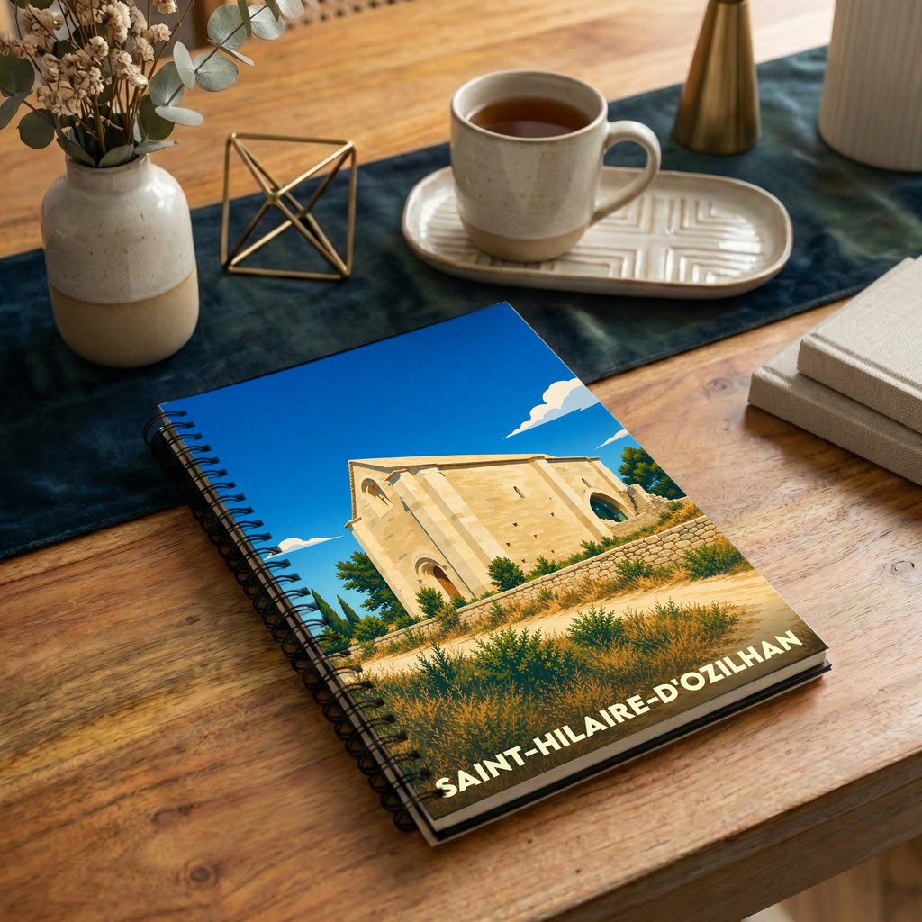 Carnet souvenir de la ville de Saint-Hilaire-d'Ozilhan avec une illustration stylisée de son patrimoine.