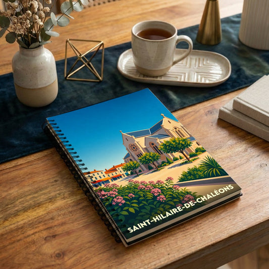 Carnet souvenir de la ville de Saint-Hilaire-de-Chaléons avec une illustration stylisée de son église.