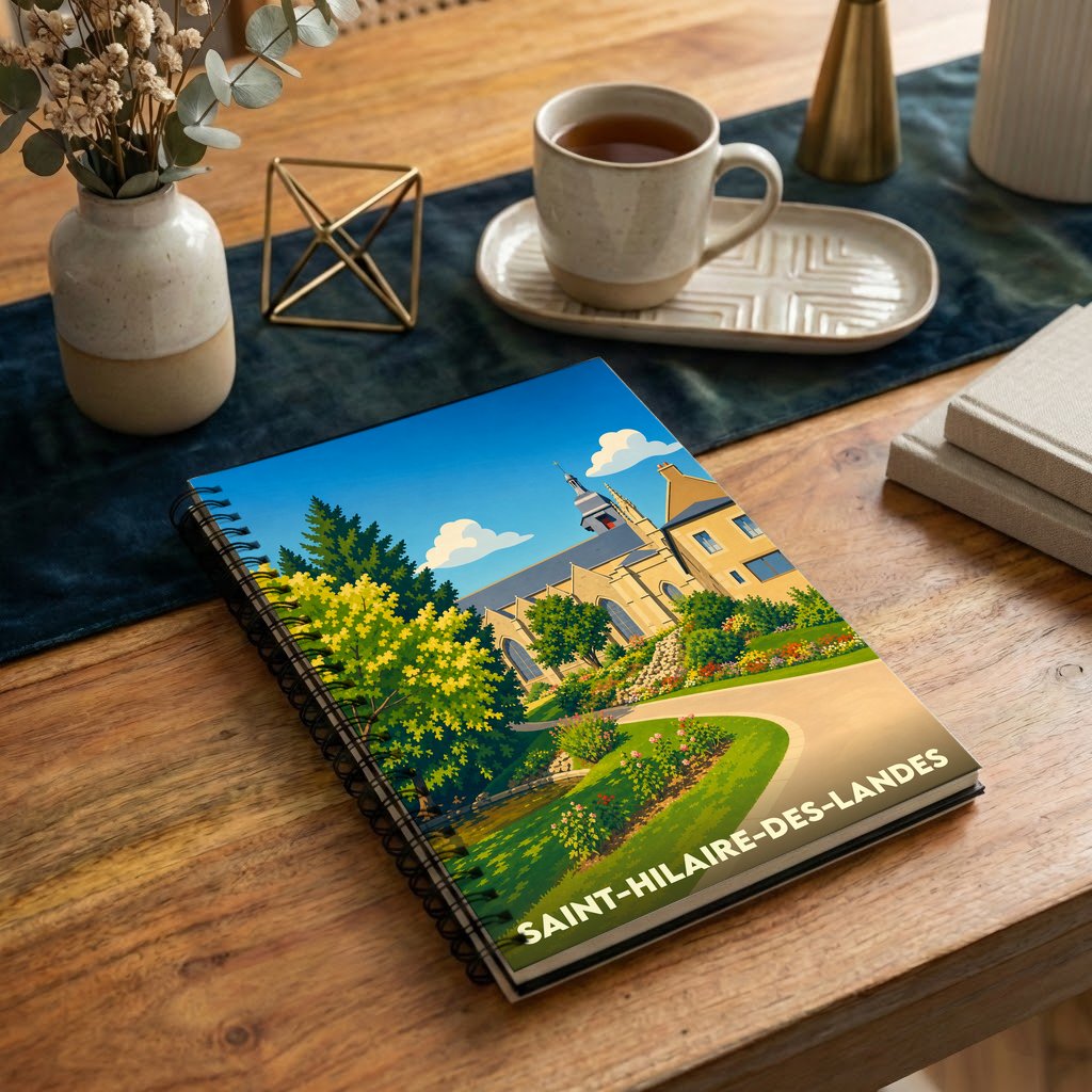 Carnet souvenir de la ville de Saint-Hilaire-des-Landes avec une illustration stylisée de son église et de ses jardins.