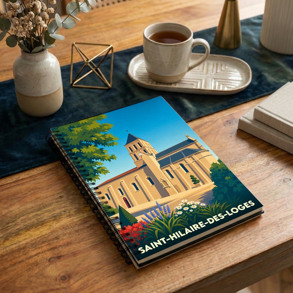 Carnet souvenir de la ville de Saint-Hilaire-des-Loges avec une illustration stylisée de son église.