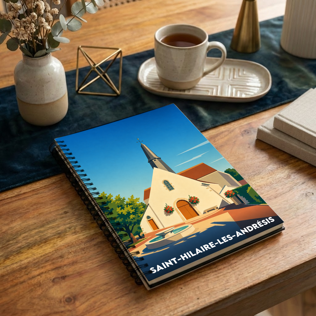Carnet souvenir de la ville de Saint-Hilaire-les-Andrésis avec une illustration stylisée de son église.
