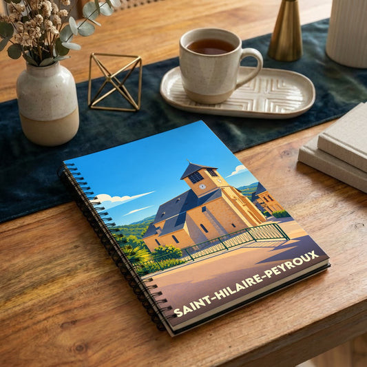 Carnet à spirales souvenir de la ville de Saint-Hilaire-Peyroux avec une illustration stylisée de son église.