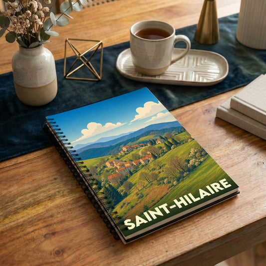 Carnet souvenir de la ville de Saint-Hilaire avec une illustration stylisée d'un paysage vallonné.