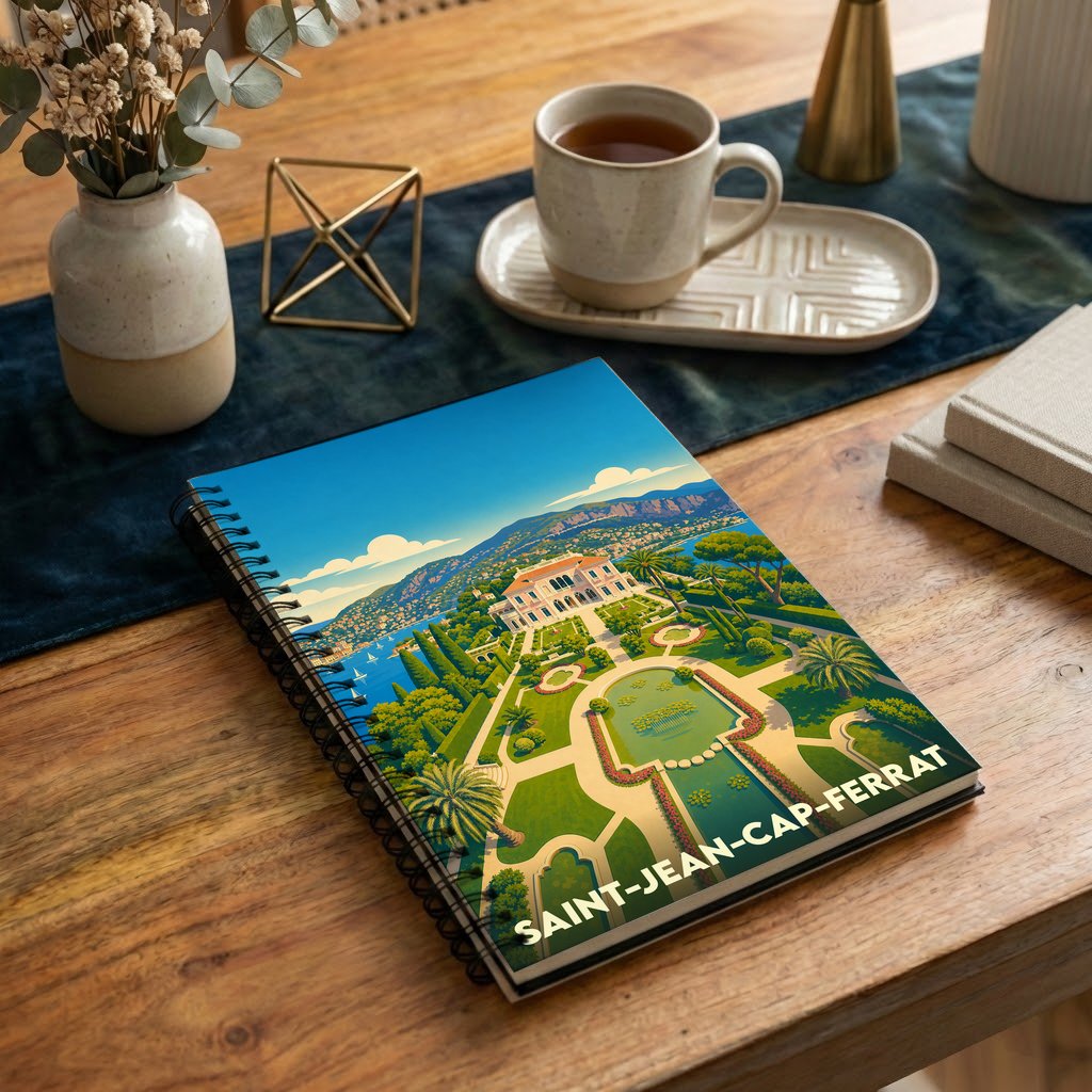 Carnet souvenir de la ville de Saint-Jean-Cap-Ferrat avec une illustration stylisée de la Villa Ephrussi de Rothschild.