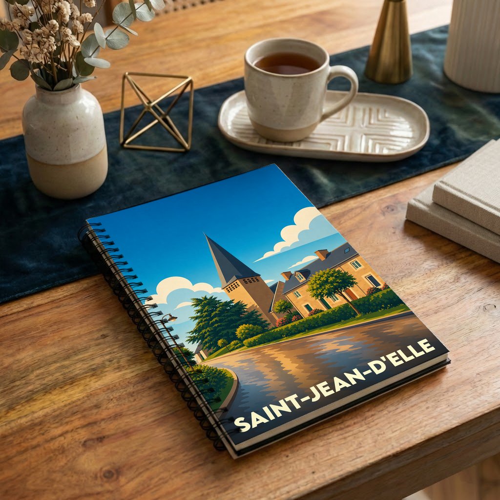 Carnet à spirales souvenir de la ville de Saint-Jean-d'Elle avec une illustration stylisée d'un paysage urbain.