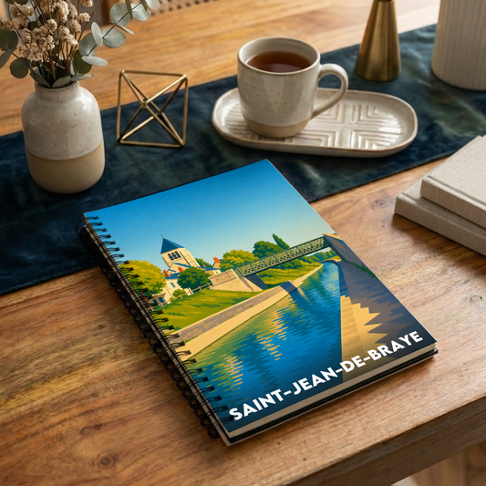 Carnet souvenir de la ville de Saint-Jean-de-Braye avec une illustration stylisée du canal et de l'église.