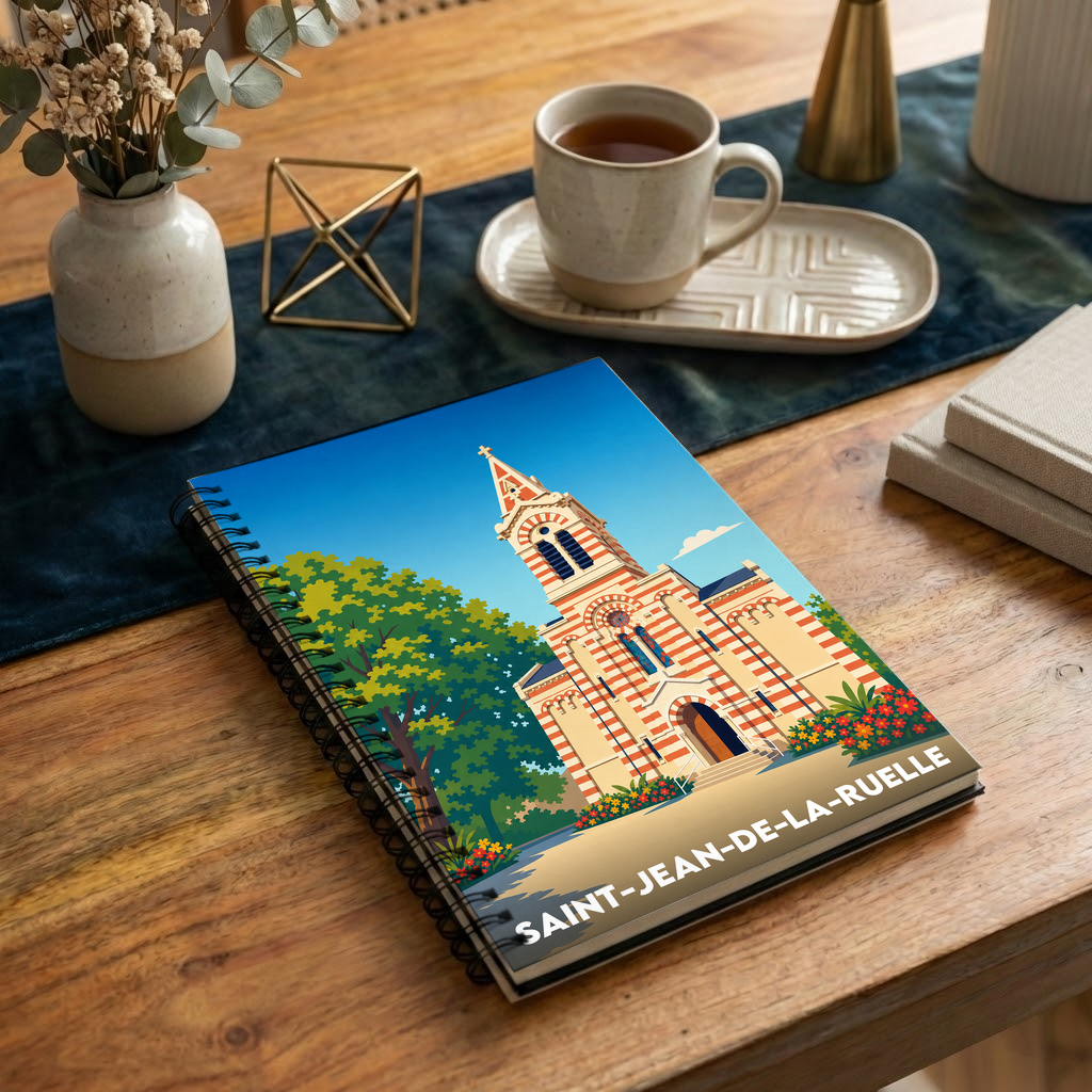Carnet souvenir de la ville de Saint-Jean-de-la-Ruelle avec une illustration stylisée de son église.