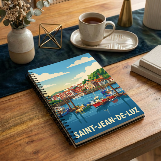 Carnet souvenir de la ville de Saint-Jean-de-Luz avec une illustration stylisée de son port.