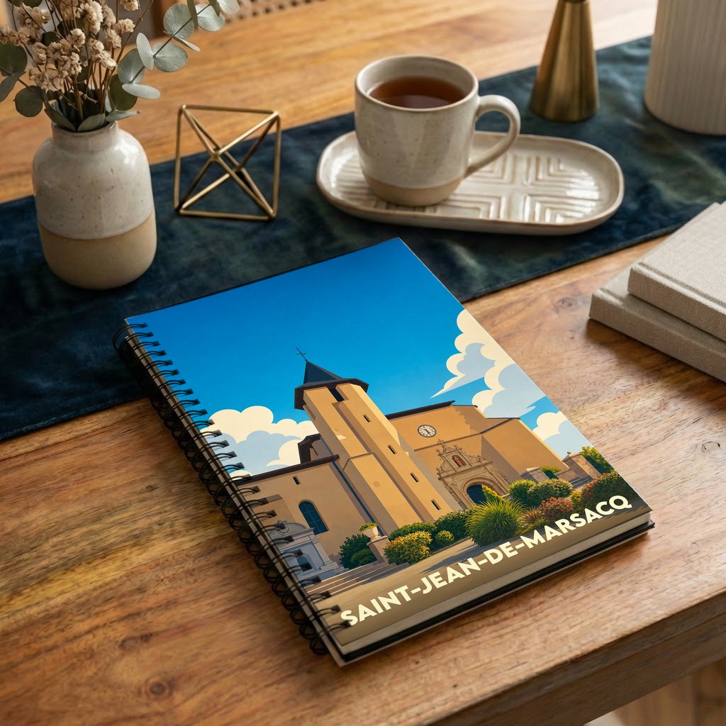 Carnet de notes souvenir de la ville de Saint-Jean-de-Marsacq avec une illustration stylisée de son église sous un ciel bleu.