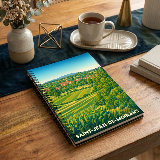 Carnet souvenir de la ville de Saint-Jean-de-Moirans avec une illustration stylisée de paysages vallonnés.