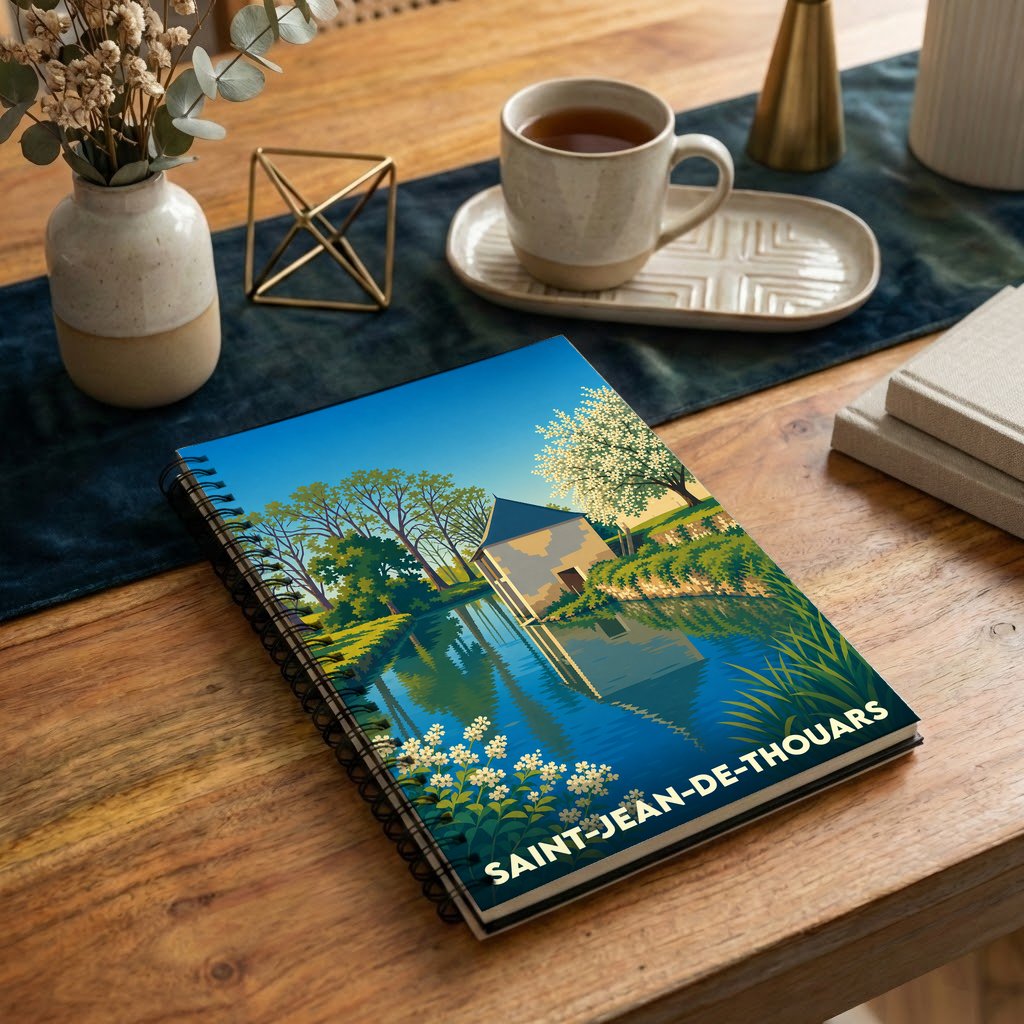 Carnet souvenir de la ville de Saint-Jean-de-Thouars illustré d'un paysage bucolique stylisé.