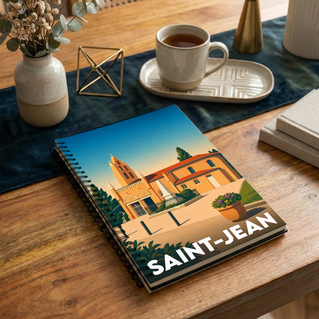 Carnet souvenir de la ville de Saint-Jean illustré d'un dessin stylisé de son église sous un ciel de fin de journée.