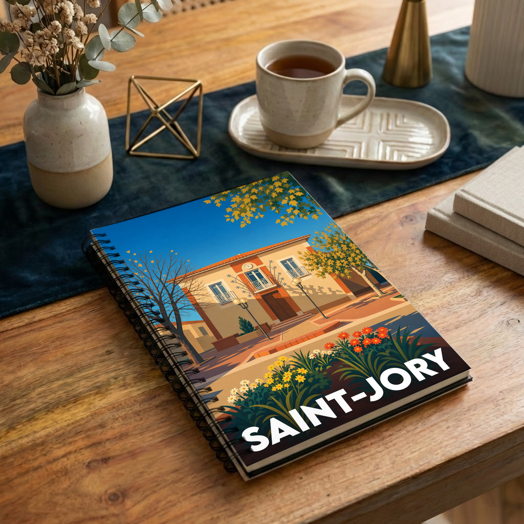 Carnet à spirale souvenir de la ville de Saint-Jory avec une illustration stylisée d'une place ensoleillée.