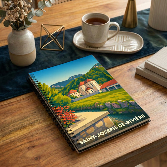 Carnet souvenir de la ville de Saint-Joseph-de-Rivière avec une illustration stylisée de son paysage et de son église.