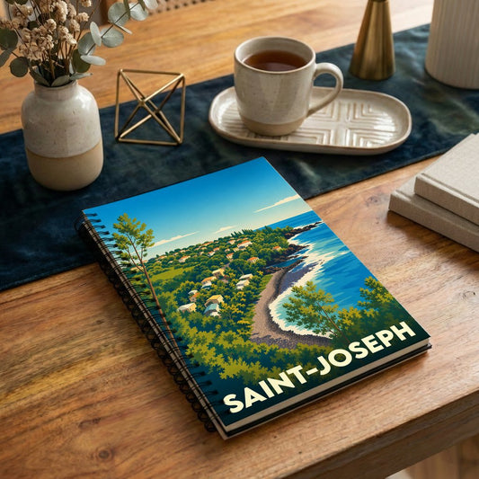 Carnet souvenir de la ville de Saint-Joseph avec une illustration stylisée de son littoral verdoyant.