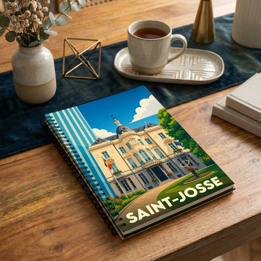 Carnet de notes souvenir de la ville de Saint-Josse avec une illustration stylisée de son hôtel de ville.
