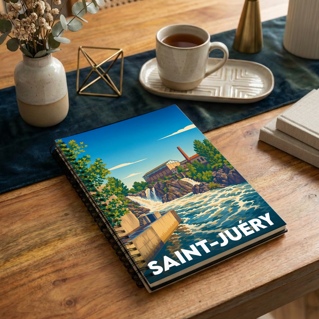 Carnet de notes à spirales souvenir de la ville de Saint-Juéry avec une illustration stylisée de ses chutes d'eau.