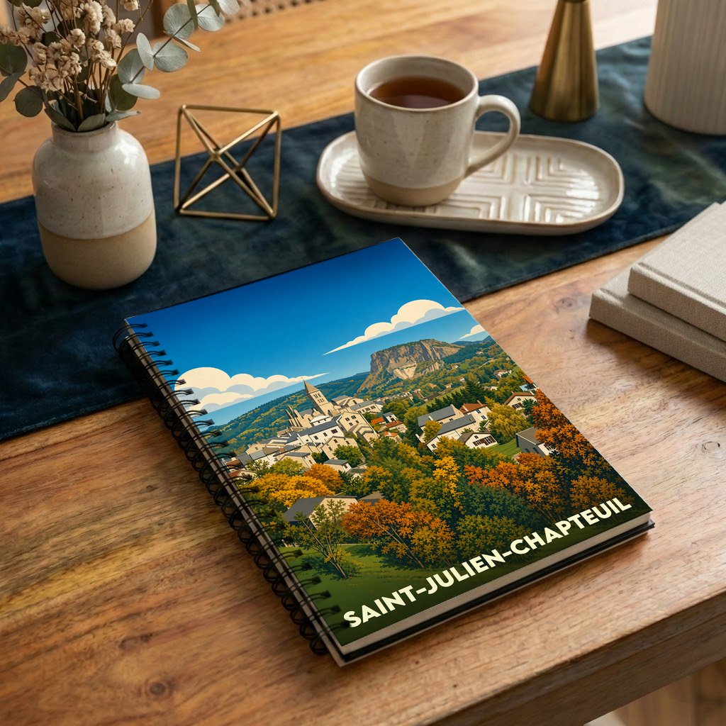 Carnet à spirales souvenir de la ville de Saint-Julien-Chapteuil avec une illustration stylisée de son paysage.