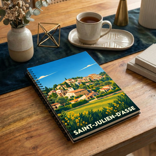 Carnet souvenir de la ville de Saint-Julien-d'Asse avec une illustration stylisée d'un village provençal.