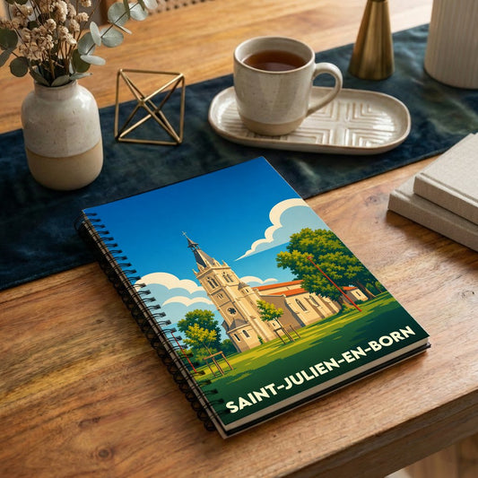 Carnet souvenir de la ville de Saint-Julien-en-Born avec une illustration stylisée de son église.