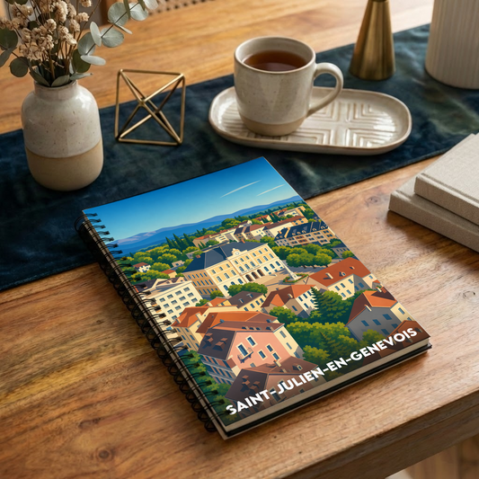 Carnet souvenir de la ville de Saint-Julien-en-Genevois avec une illustration stylisée.