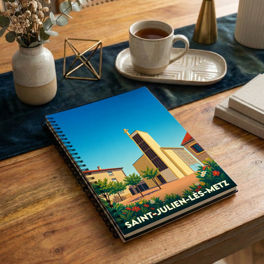 Carnet souvenir de la ville de Saint-Julien-lès-Metz avec une illustration stylisée de son église.
