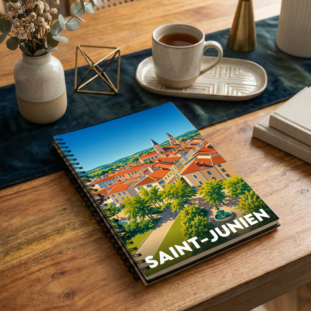 Carnet souvenir de la ville de Saint-Junien avec une illustration stylisée.