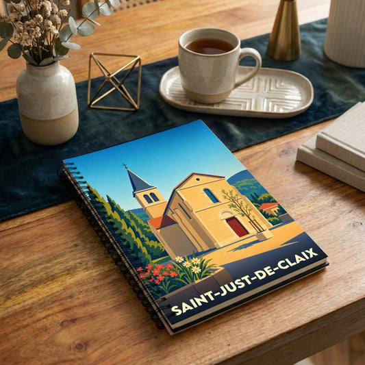 Carnet à spirales souvenir de la ville de Saint-Just-de-Claix avec une illustration stylisée de son église.