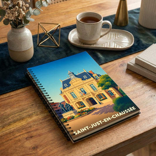 Carnet souvenir de la ville de Saint-Just-en-Chaussée avec une illustration stylisée de son hôtel de ville.