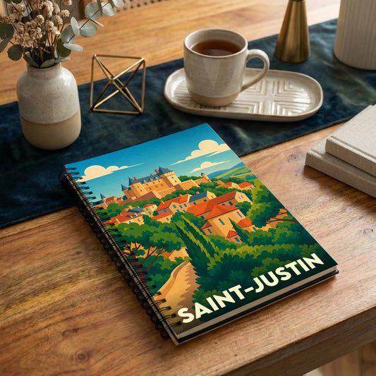 Carnet à spirales souvenir de la ville de Saint-Justin avec une illustration stylisée et colorée.