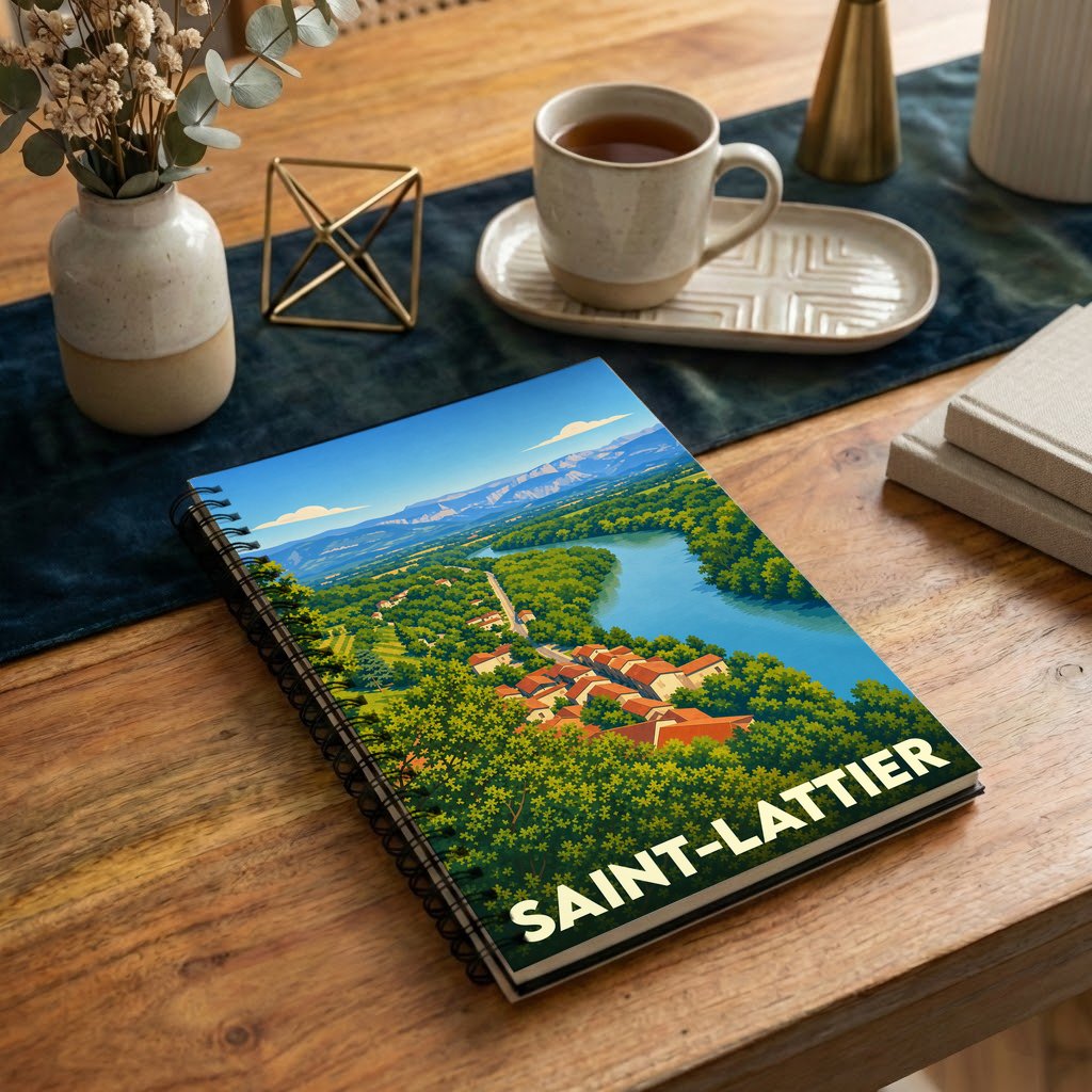 Carnet à spirales souvenir de la ville de Saint-Lattier avec une illustration paysagère stylisée.