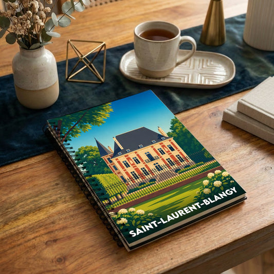 Carnet à spirales souvenir de la ville de Saint-Laurent-Blangy avec une illustration stylisée d'un château.