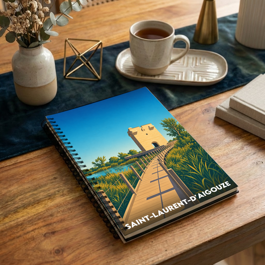 Carnet souvenir de la ville de Saint-Laurent-d'Aigouze avec une illustration stylisée de son paysage.