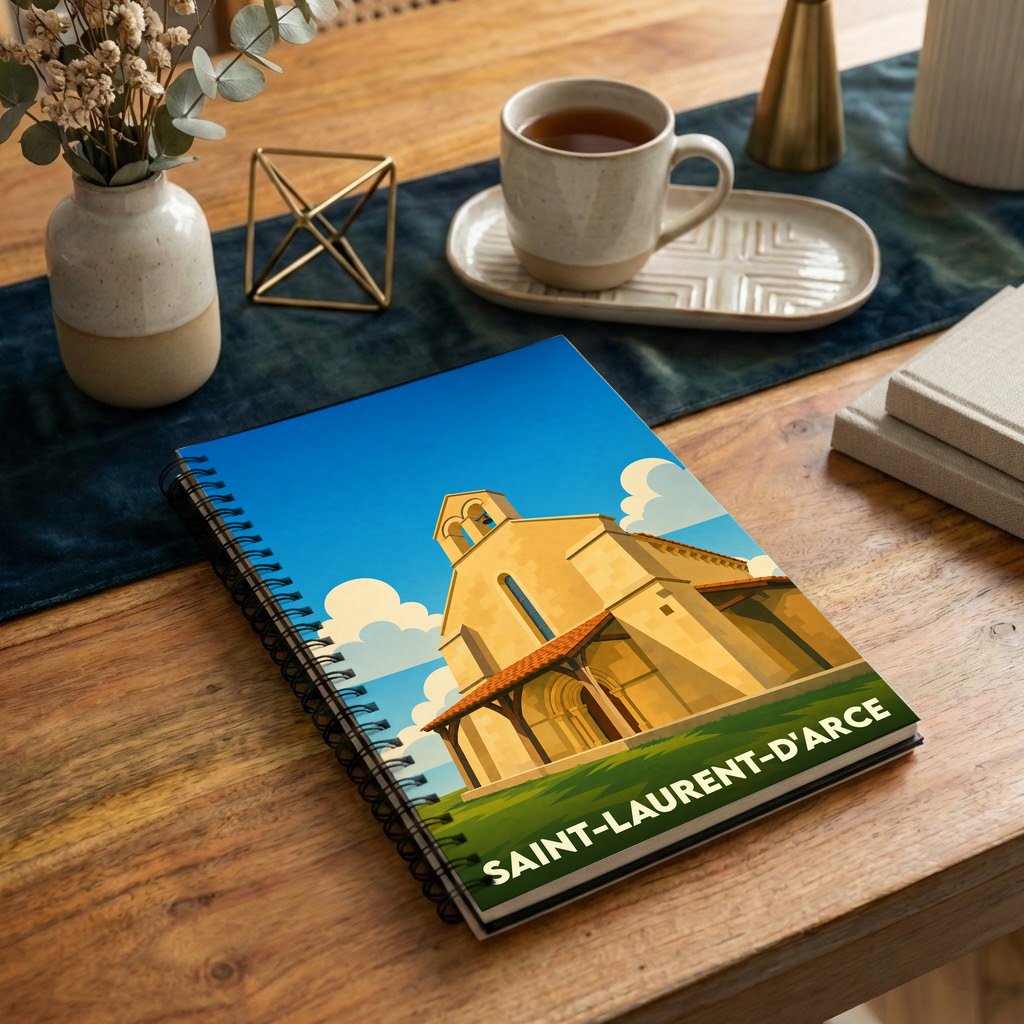 Carnet souvenir de la ville de Saint-Laurent-d'Arce avec une illustration stylisée de son église romane.