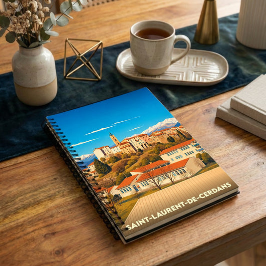 Carnet souvenir de la ville de Saint-Laurent-de-Cerdans avec une illustration stylisée.