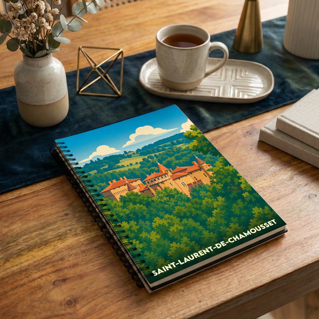 Carnet à spirales souvenir de la ville de Saint-Laurent-de-Chamousset avec une illustration stylisée de son château niché dans la verdure.