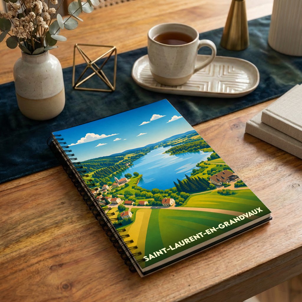 Carnet souvenir de la ville de Saint-Laurent-en-Grandvaux avec une illustration stylisée d'un paysage de lac et de montagnes.