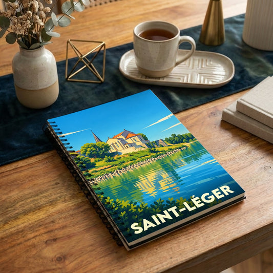 Carnet à spirales souvenir de la ville de Saint-Léger avec une illustration stylisée de son église au bord de l'eau.