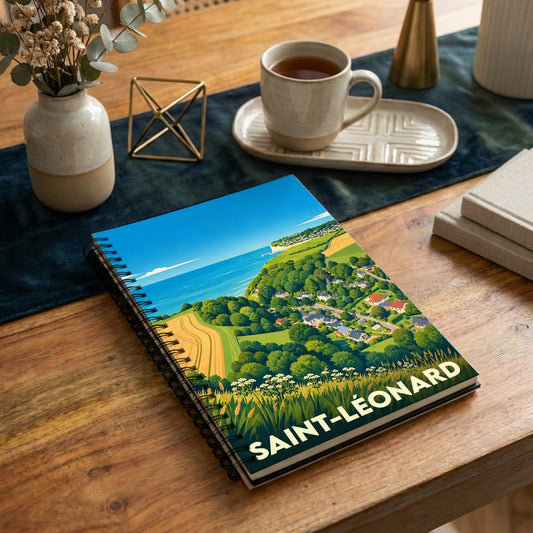 Carnet souvenir de la ville de Saint-Léonard avec une illustration stylisée de son paysage côtier.