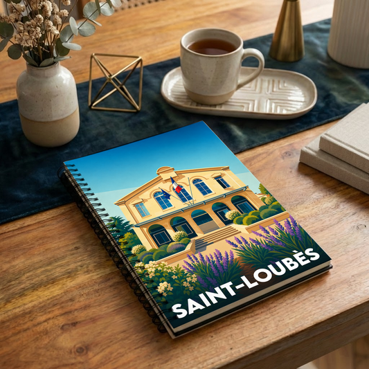 Carnet à spirales souvenir de la ville de Saint-Loubès avec une illustration stylisée de sa mairie et de plants de lavande.