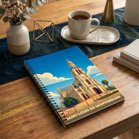 Carnet à spirales souvenir de la ville de Saint-Louis-de-Montferrand avec une illustration stylisée de son église.