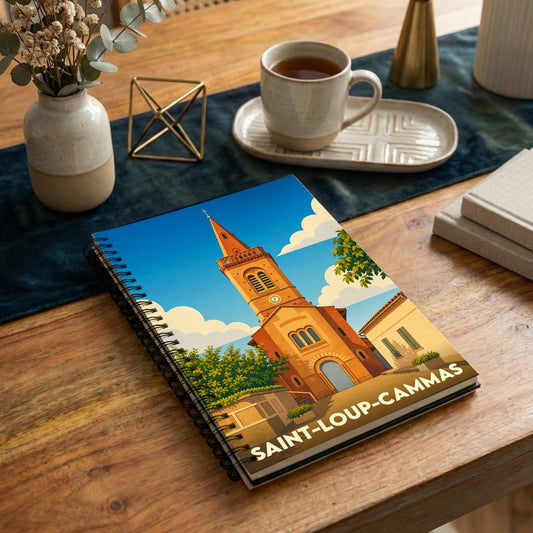 Carnet souvenir de la ville de Saint-Loup-Cammas avec une illustration stylisée de son église.