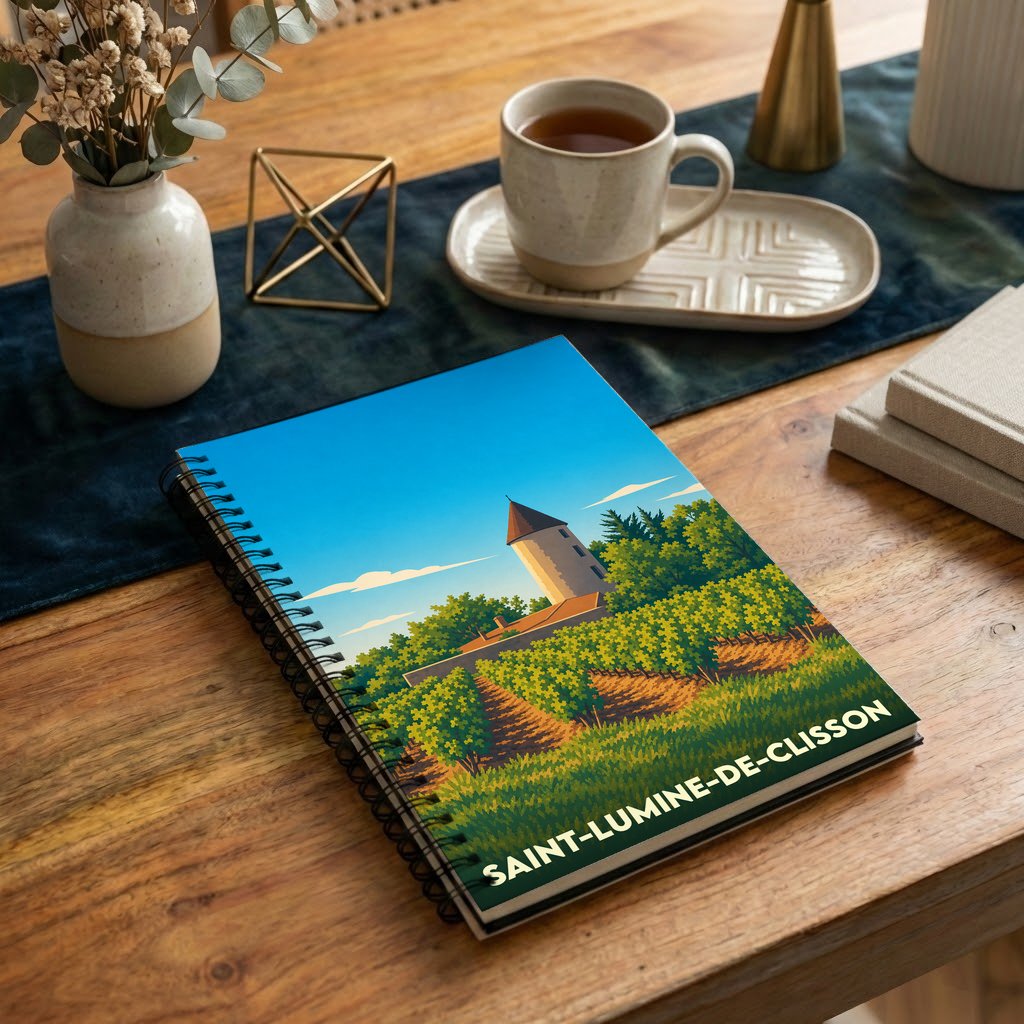 Carnet de notes à spirales souvenir de Saint-Lumine-de-Clisson avec une illustration stylisée de son paysage et de son patrimoine.