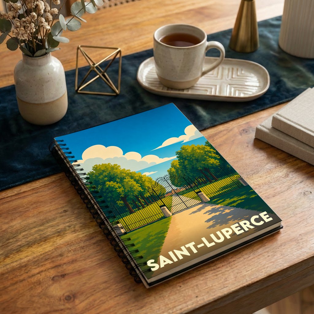 Carnet de notes à spirales souvenir de la ville de Saint-Luperce avec une illustration stylisée de parc arboré.
