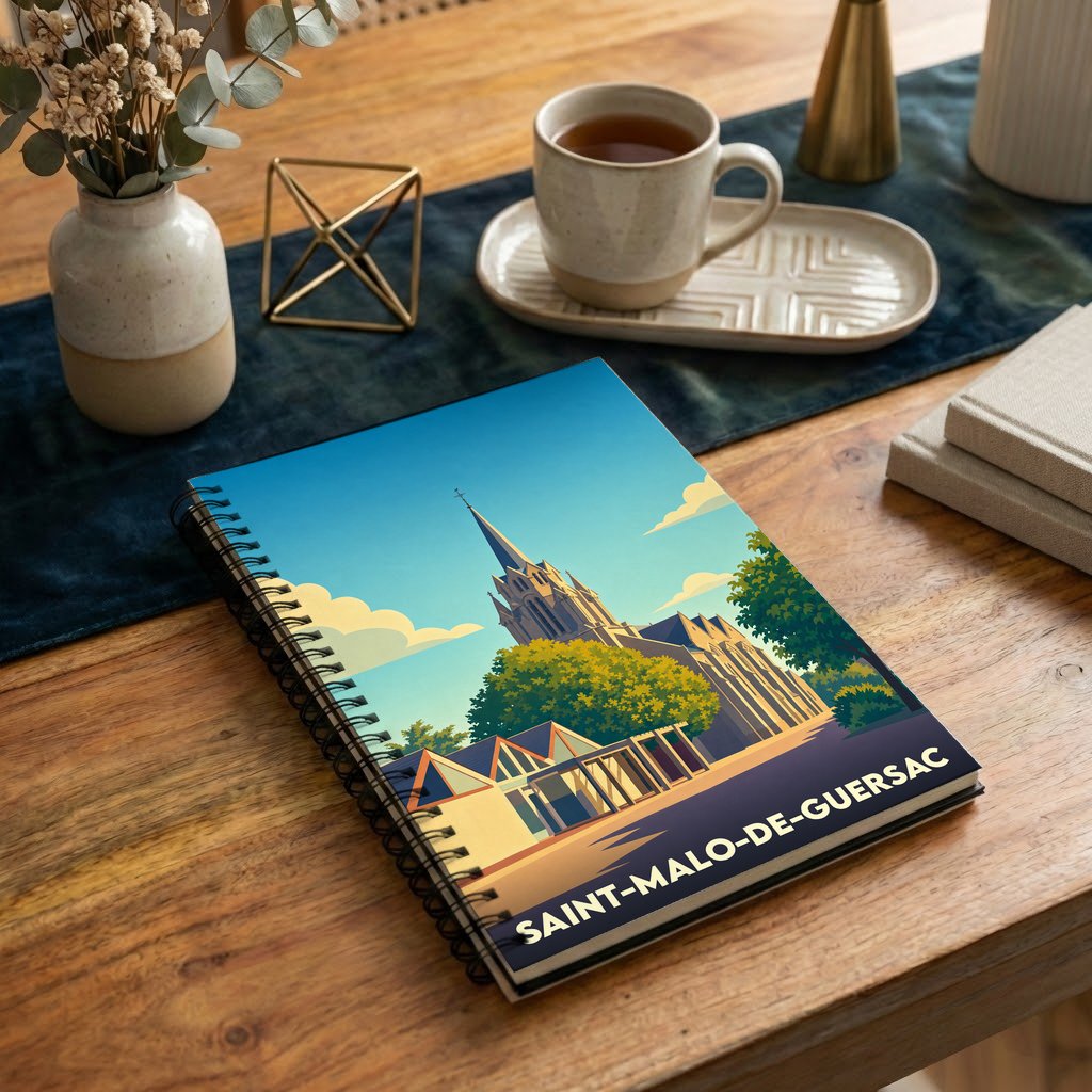 Carnet à spirales souvenir de la ville de Saint-Malo-de-Guersac avec une illustration stylisée de son église.