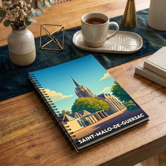 Carnet à spirales souvenir de la ville de Saint-Malo-de-Guersac avec une illustration stylisée de son église.