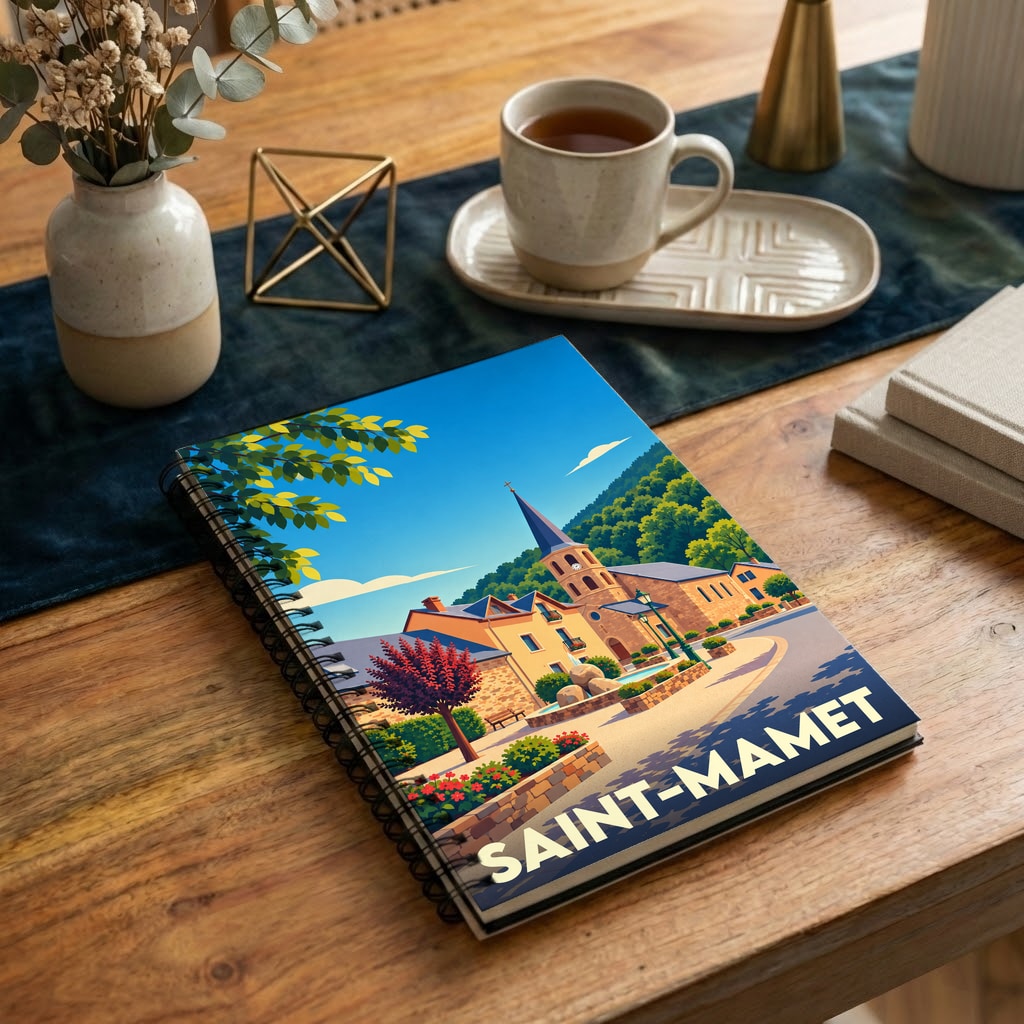 Carnet souvenir de la ville de Saint-Mamet avec une illustration stylisée d'un village pittoresque.